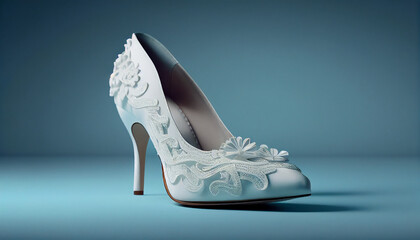 Naklejka premium White sandal on a blue background, Wedding shoes against a blue the background, Generative AI