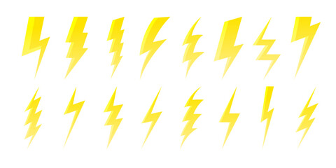 Cartoon yellow lightning bolt. Fast shiny electric arrow symbols, glossy lightning electric sign, power bolt energy icon. Vector isolated set