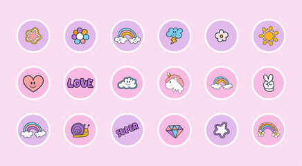 Highlights cover icons collection in y2k style. Set templates emblems for social media. Design stickers, illustration for your business, scrapbooking, bullet journalling, story buttons. Vector