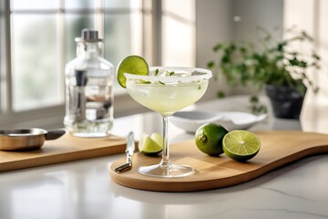 Fancy cocktail with lemon on top of the glass and preparation stuff on the table.Image ai generate