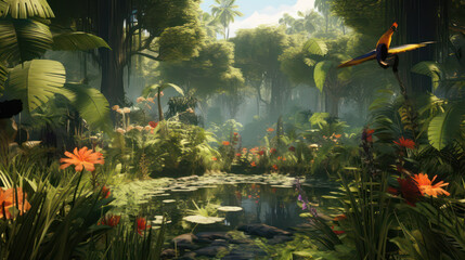 Beautiful digital illustration of a dense jungle with a pond in the middle