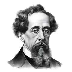 Black and white vintage engraving, headshot portrait of Charles Dickens with a beard and moustache, face straight-on, facing camera, white background - Generative AI