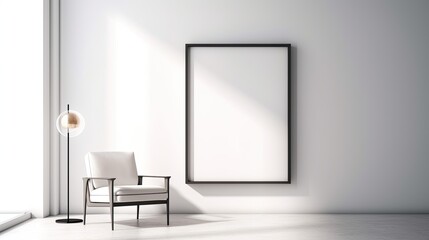 Naklejka na ściany i meble Luxury minimalist interior with an armchair empty blank frame on wall canvas mockup, Generative AI