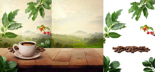Coffee cup product display mockup with png leafs and farmlands view stand on wooden table