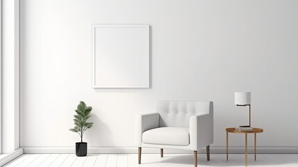 Fototapeta na wymiar Luxury minimalist interior with an armchair empty blank frame on wall canvas mockup, Generative AI