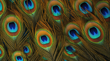 A close-up view of peacock feathers beauty and detail, showing their vibrant colors and intricate patterns with Iridescent hues and eye-like spots.