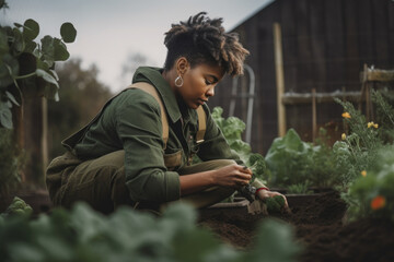 woman growing vegetables in the garden - self sufficient harvesting - garden work - personal agriculture - generative ai - imaginary person
