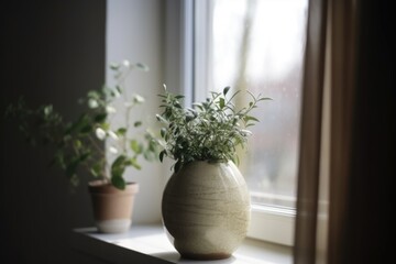 small green plant in a beige pot sitting on a windowsill - calm humble mind - beauty in small things and in nature - generative ai
