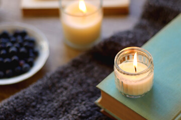 Obraz na płótnie Canvas Cup of blueberries, set of books, phone, eyeglasses, lit candles and blanket on the table. Hygge at home. Selective focus.