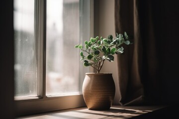 small green plant in a beige pot sitting on a windowsill - calm humble mind - beauty in small things and in nature - generative ai