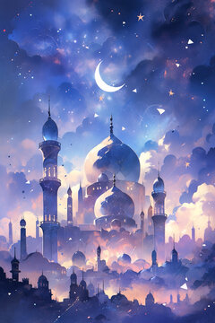 Islamic watercolor background with mosque