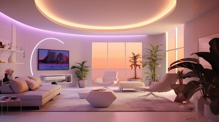 Unending possibilities inside: futuristic indoor living room with wall decor, table, sofa bed, floor vase, mirrored coffee table, televison, and houseplant