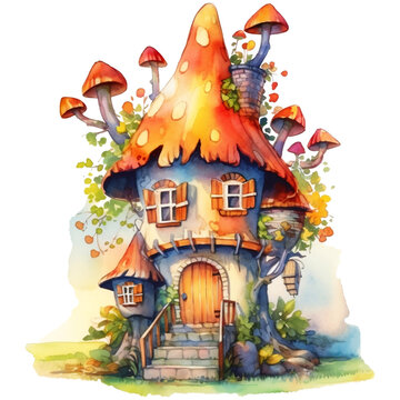 Illustration of a fairy-tale house on a tree with a lot of flowers AI Generative