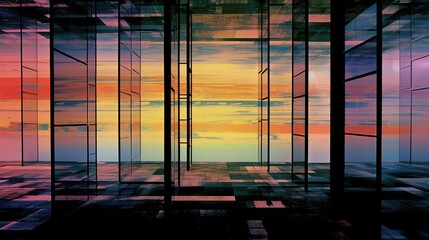 Futuristic sky view: reflection of the setting sun through a cloudy outdoor glass window of a city building