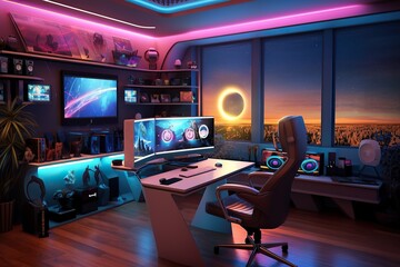 Modern indoors: futuristic desktop awaits with monitors, music, text, & more! perfect for broadcasting & flat panel display furniture, electronics, computers, walls, desks, & more!