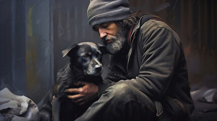 A homeless man with a dog sits on the street. AI generation