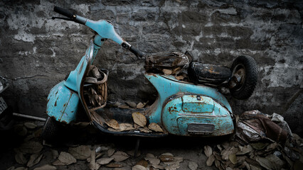Blue scooter abandoned against a stone wall surrounded by leaves  