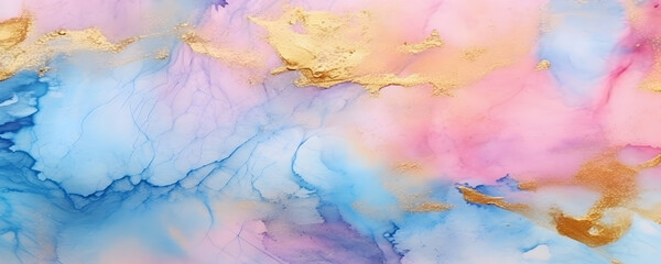 Abstract blue pink and metallic gold background, watercolor paint texture imitation created with. Generative AI.