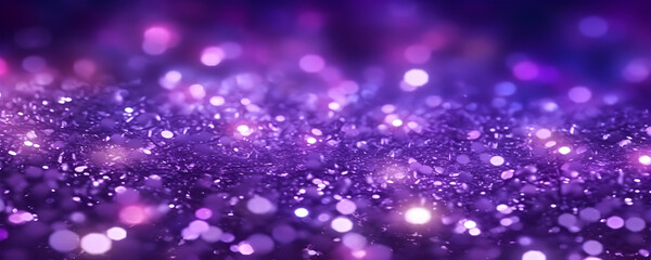  Abstract bokeh background of purple festive shiny glitter lights. Generative AI.