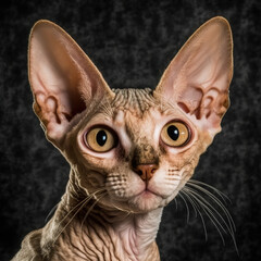 Studio shot with cute devon rex cat portrait with the curiosity and innocent look as concept of modern happy domestic pet in ravishing hyper realistic detail by Generative AI.
