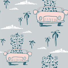 Cheetahon car funny cool summer t-shirt seamless pattern. Road trip vacation print design. Beach - 614724704