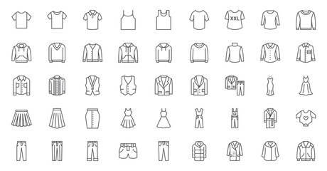 Clothes line icons set. Sweatshirt, hoody, pullover, bathsuit, jacket, evening dress, cardigan, trousers visualization vector illustration. Outline signs of fashion apparel. Editable Stroke - obrazy, fototapety, plakaty
