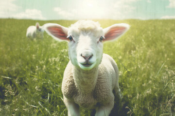 Obraz premium green lamb sun farm grass wool sheep animal meadow field. Generative AI.