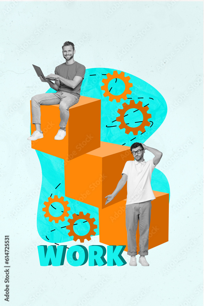 Poster Creative 3d magazine collage image of smiling guys creating modern device application isolated colorful background