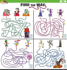 find the way maze games set with cartoon characters