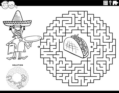 Maze With Cartoon Chef Character With Taco Coloring Page