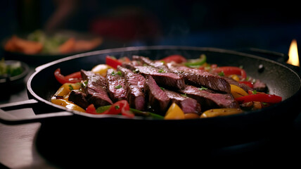 Steak fajitas with colorful bell peppers and onions.