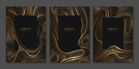 Set of luxury templates with golden wavy linear pattern. Line art. Gold waves on black background. Posters with geometric texture with shiny curves. Banner with abstract striped texture