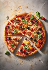 Italian tasty pizza with tomatoes, mozzarella, basil, olives. Mediterranean Kitchen. Generative AI	