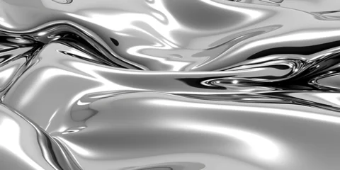 Deurstickers glossy silver metal fluid glossy chrome mirror water effect background backdrop texture 3d render illustration. Generative AI. © mhebub