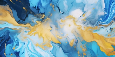 Gold and blue marbling abstract background, watercolor paint texture imitation. Generative AI.