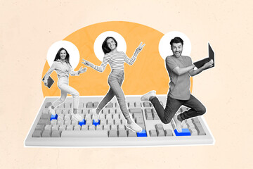 Magazine collage picture of funky excited business people typing device keyboard isolated drawing background - Powered by Adobe