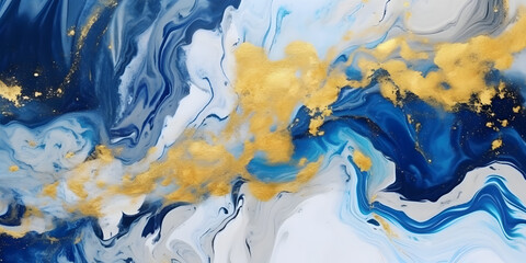  Gold and blue marbling abstract background, watercolor paint texture imitation. Generative AI.