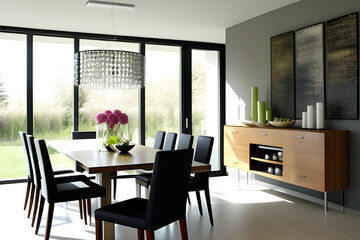 Dining room in modern house with white walls, tiled floor, wooden table and black chairs. 3d rendering