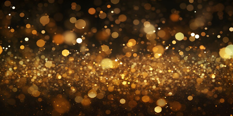 Golden glitter bokeh sparkles lights dark abstract overlay background. Generative AI.