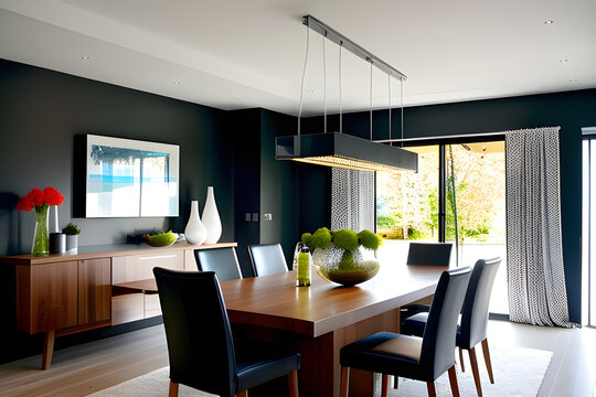 Interior of modern dining room with black walls, wooden table and chairs