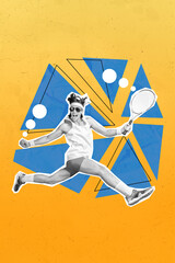 Creative artwork template collage of funny funky guy running playing tennis isolated yellow color background