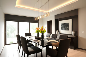 interior of modern dining room, 3d render and illustration design