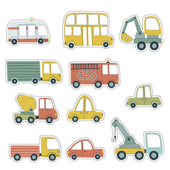 Set of vector illustrations with vehicles. Vector stickers with clipping path. Hand painted illustration for children's design in cartoon style.