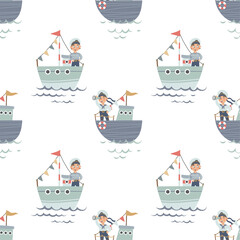 Seamless background with cute sailors and ship. Creative children's background. Ideal for baby clothes, fabrics, textiles, baby decorations, wrapping paper. Vector illustration