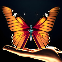 Butterfly in hand on black background. 3d illustration.