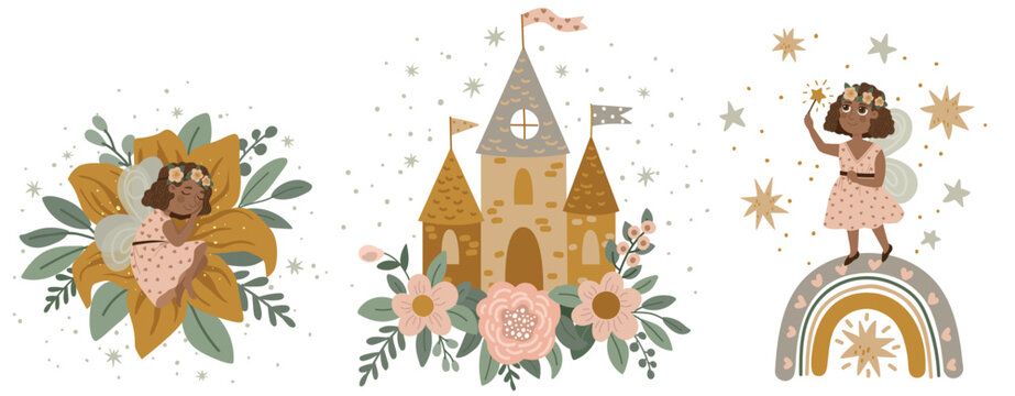 Set of vector illustrations. Fairies, flowers and castles in boho style. Hand painted illustration for children's design in cartoon style.