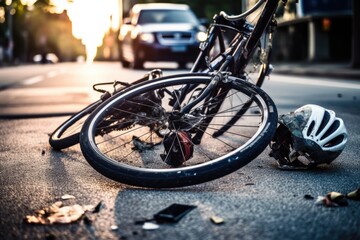 A image by capturing the aftermath of a bicycle crash on a city road. Generative AI