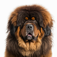 Adorable fluffy and huge tibetan mastiff dog portrait isolated on white background as concept of domestic pet in ravishing hyper realistic by Generative AI.