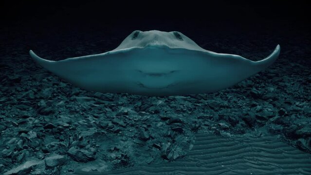 Camera capturing a majestic stingray gracefully gliding on the ocean floor, unveiling its stunning face and captivating underside.
