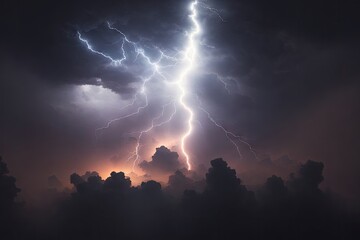 Lightning thunderstorm flash over the night sky. Concept on topic weather, cataclysms, ai generative